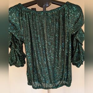 Green Sequin Party Blouse | Emerald Sparkle Off Shoulder